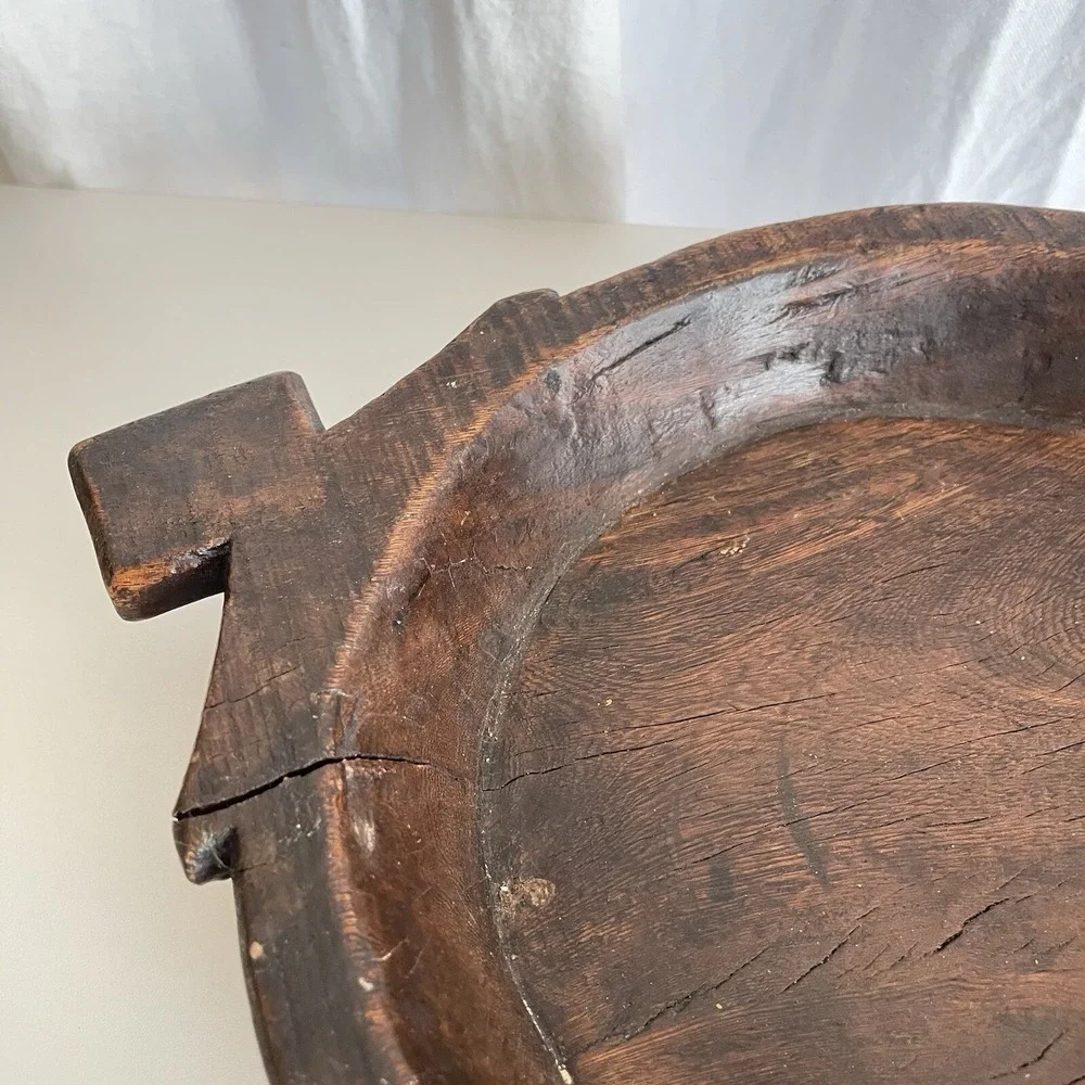 Vtg Wood Dough Bowl Rustic Hand Carved Primitive Wooden Handled Trough Knead 17